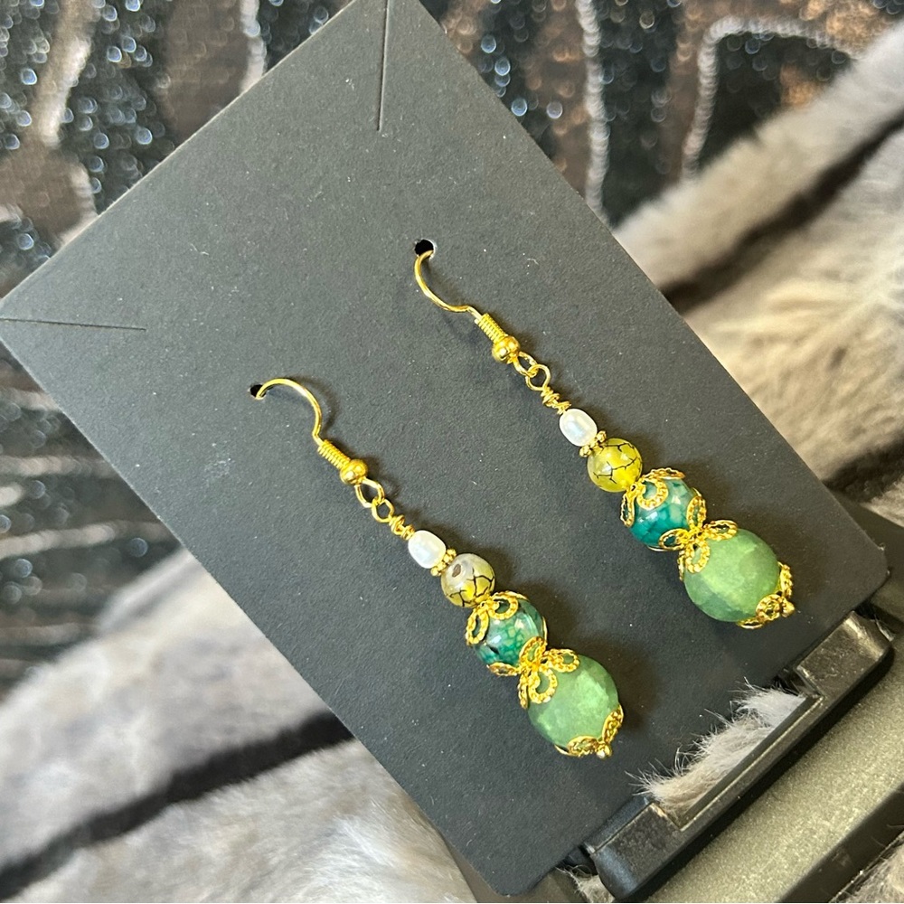 Handcrafted green crackle glass dragon vein agate genuine pearl earrings